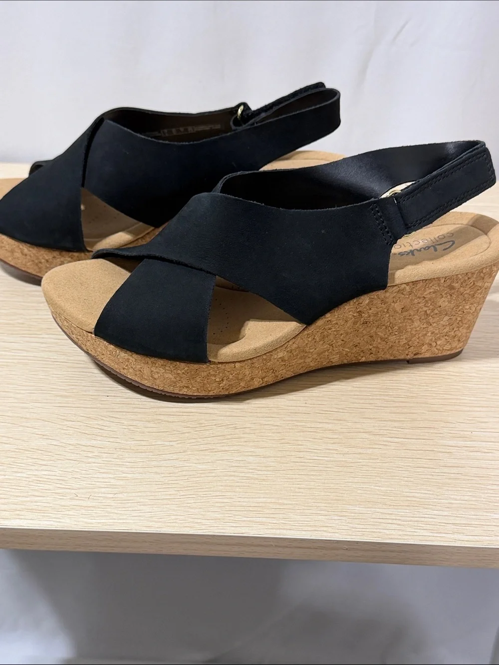 Clarks Black Suede Cross-Strap Wedge Sandals